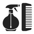 Barbershop black glyph icon. Hair styling items, spray and hairbrush. Hairdresser services. Beauty industry. Pictogram for web