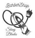 Barbershop, black white poster, shiny blades, electric razor with text, illustration for signboard