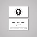 Barbershop business card design concept. Barbershop logo-badge with african american woman profile. Vintage and hipster style