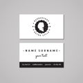 Barbershop business card design concept. Barbershop logo-badge with long hair woman profile and stars. Vintage and hipster style