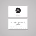 Barbershop business card design concept. Barbershop logo with scissors and heart badge. Vintage, hipster and retro style. Black an