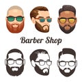 Barbershop cartoon and outline vector logos with stylish hipster men