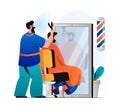 Barbershop concept in modern flat design. Hairdresser cutting client hair in male salon. Man customer came to stylist to get Royalty Free Stock Photo