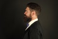 Barbershop concept. Stylist fashion expert. Suit style. Fashion trends for groom. Groom bearded hipster man wear tuxedo