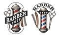 Barbershop emblem. Barber pole, scissors, shaving razor. Haircut and shave, male beauty salon logo. Vector illustration