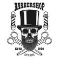 Barbershop emblem template. Bearded skull in vintage hat and scissors. Design element for poster, card, emblem, banner