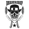 Barbershop emblem template. Skull with moustache in vintage hat and razor of barber. Design element for poster, card