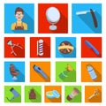 Barbershop and equipment flat icons in set collection for design. Haircut and shave vector symbol stock web illustration Royalty Free Stock Photo