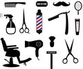 Barbershop equipment, tools, cosmetics icons on white background. Barber shop sign. Barbershop collection symbol. flat style