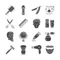 Barbershop glyph icon set. Equipment for shaving and haircut. Scissors, razor, hairbrush, mirror, cologne flat sign. Royalty Free Stock Photo