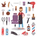 Barbershop hairdresser beard hipster man vector character making haircut saloon tools beauty barber shop hair care