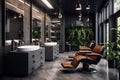 Barbershop interior, modern hair beauty salon with dark design