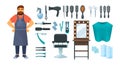 Barbershop items. Bearded man barber, professional shaving hairdresser tools, accessories.