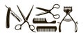 Barbershop items such as scissors, comb, razor, mechanical hair clipper. Retro vector silhouettes Royalty Free Stock Photo