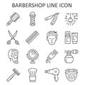 Barbershop line icon set. Equipment for shaving and haircut. Scissors, razor, hairbrush, mirror, cologne flat vector sign Royalty Free Stock Photo