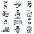 Barbershop logo barber cuts male haircut and barbed mustache of bearded man with razor in hipster salon on logotype