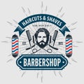 Barbershop logo, poster or banner design concept with barber pole. Vector illustration