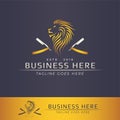 Barbershop logo template vector design with double silver Gold Lion Head Brush and Razor blade silver icon
