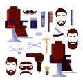 Barbershop mens salon icons and vector design elements. Barber, shaving and hairdresser vintage tools and equipment