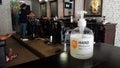 Barbershop in pandemic corona stay safe with hand sanitizer