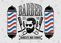 Barbershop poster, banner, label, badge, or emblem on gray background with barber pole in vintage style. Royalty Free Stock Photo