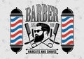 Barbershop poster, banner, label, badge, or emblem on gray background with barber pole in vintage style. Royalty Free Stock Photo