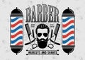 Barbershop poster, banner, label, badge, or emblem on gray background with barber pole in vintage style. Royalty Free Stock Photo