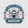 Barbershop poster, banner, label, badge, or emblem on gray background with barber pole in vintage style. Vector illustration Royalty Free Stock Photo