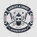 Barbershop poster, banner, label, badge, or emblem on gray background with barber pole in vintage style. Vector illustration Royalty Free Stock Photo