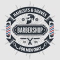 Barbershop poster, banner, label, badge, or emblem on gray background with barber pole in vintage style. Vector illustration Royalty Free Stock Photo