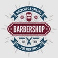 Barbershop poster, banner, label, badge, or emblem on gray background with barber pole in vintage style. Vector illustration Royalty Free Stock Photo