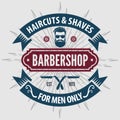 Barbershop poster, banner, label, badge, or emblem on gray background with barber pole in vintage style. Vector illustration Royalty Free Stock Photo