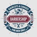 Barbershop poster, banner, label, badge, or emblem on gray background with barber pole in vintage style. Vector illustration Royalty Free Stock Photo