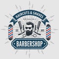 Barbershop poster, banner, label, badge, or emblem on gray background with barber pole in vintage style. Vector illustration Royalty Free Stock Photo