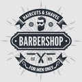 Barbershop poster, banner, label, badge, or emblem on gray background with barber pole in vintage style. Vector illustration Royalty Free Stock Photo