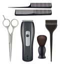 Barbershop realistic. Barber tools hairdresser beauty fashion salon tools comb scissors blade vector illustrations