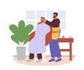 Barbershop service, male groomer work with client beard and hair. Barber shaving male in saloon