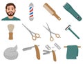 BarberShop set of icons in cartoon style, haircut and shave, shavette, barber pole, hair clipper Royalty Free Stock Photo