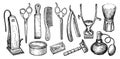 Barbershop set items for professional haircut and shave. Barber tool kit sketch. Vector illustration in engraving style