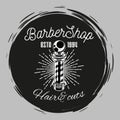 Barbershop stamp concept, hair cuts, barber s pole in center of circle, decoration elements, lines