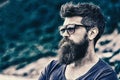 Barbershop and style concept. Man with beard and mustache on strict face, nature background, defocused. Bearded man Royalty Free Stock Photo