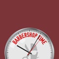 Barbershop Time. White Vector Clock with Motivational Slogan. Analog Metal Watch with Glass. Lumber Jack Icon