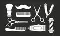 Barbershop tools icons isolated on black chalkboard. Haircuts equipments. Vector illustration