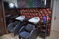 Barbershop washbasin with professional chairs . Interior view of luxury beauty salon . hairdresser washbasins