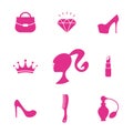 Barbie accessories collection. Editorial vector illustration in flat style. Pink trendy icons