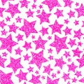 Barbie pink stars on white background. Random stars. Vector seamless pattern. Pink glitter