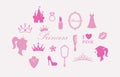 Barbie Princess. Cute pink barbie princess icons. Makeup, beauty, dress, castle, crown. Vector