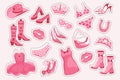 Barbiecore Princess sticker set. Pink fashion set, accessories and clothes for a pink doll. Crown, dress, shoes Royalty Free Stock Photo