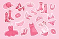 Barbiecore Princess sticker set. Pink fashion set, accessories and clothes for a pink doll. Crown, dress, shoes, cowboy hat, boots