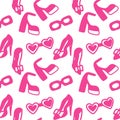 Barbiecore seamless background. Vector, flat style. Shoes and glasses. Can be used for creating trendy and stylish